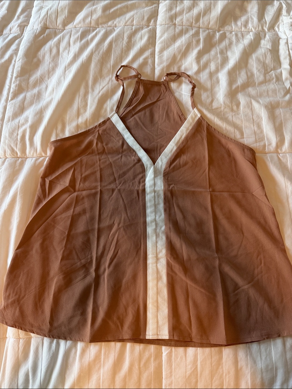 Brown Sleeveless V-Neck Tank with Cream Trim